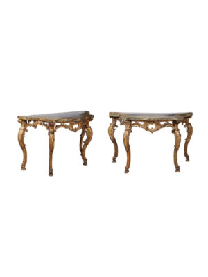 Pair 18th Century Italian Giltwood Consols with Faux Marbleized Top