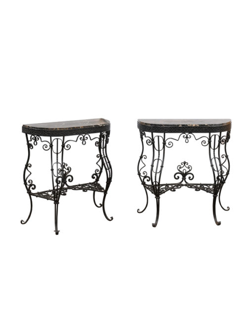 Pair of Iron Consoles with Black Marble Tops
