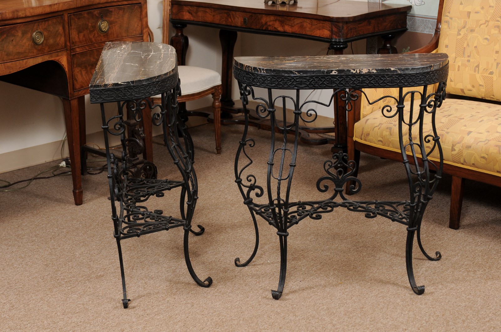 Pair of Iron Console Tables with Cabriole Legs, Scroll Detail, & Black