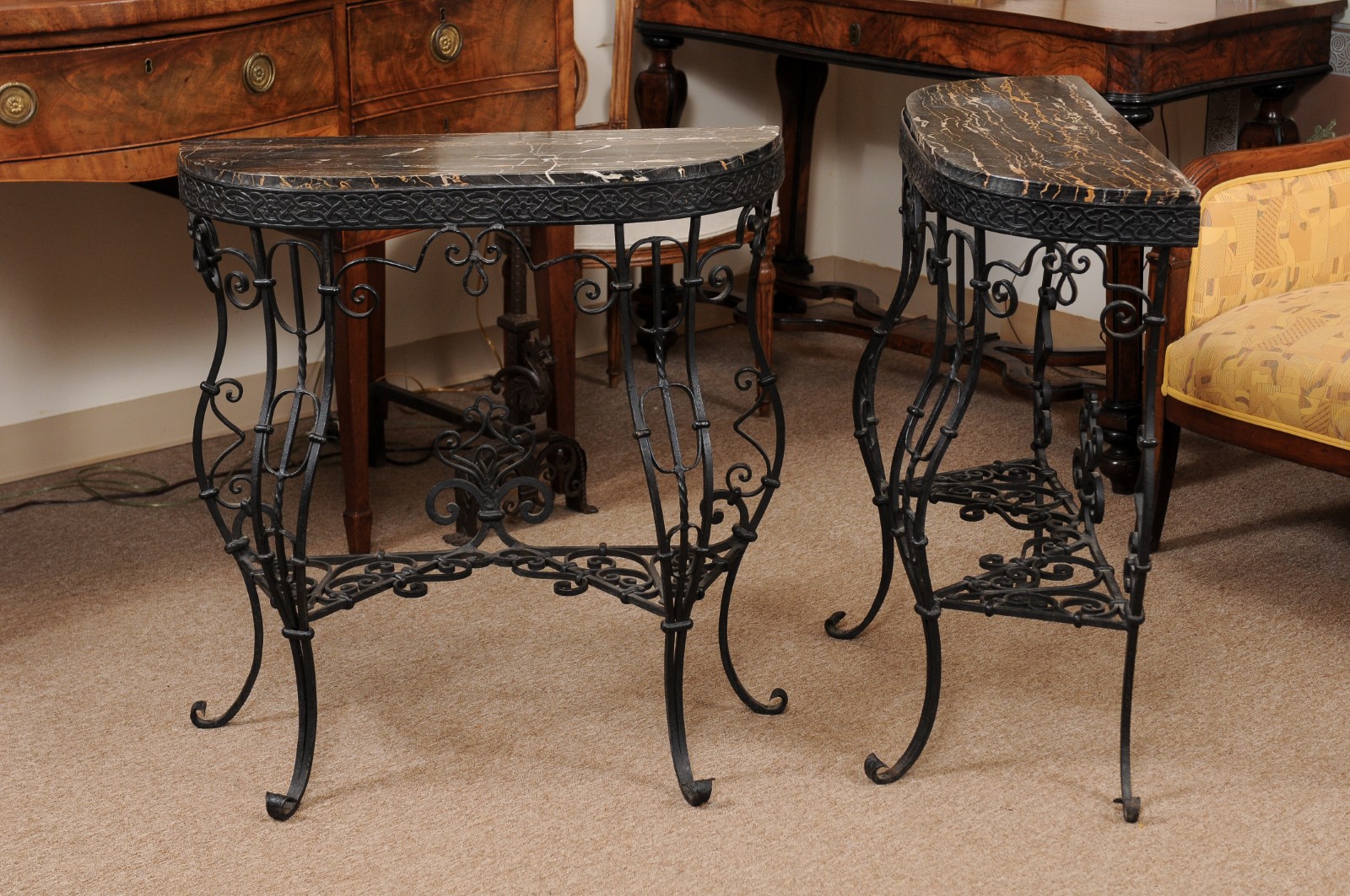 Pair of Iron Console Tables with Cabriole Legs, Scroll Detail, & Black
