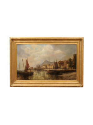 19th C. Continental Framed Oil on Canvas Harbor Scene
