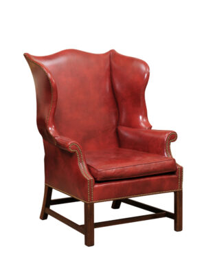 Brass Studded Red Leather Wing Chair, 20th Century