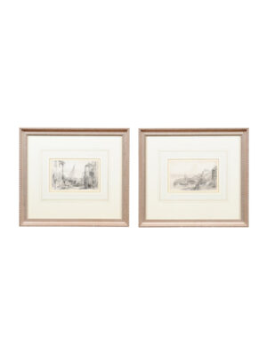Pair of Framed Pencil Drawings of Fishing Villages
